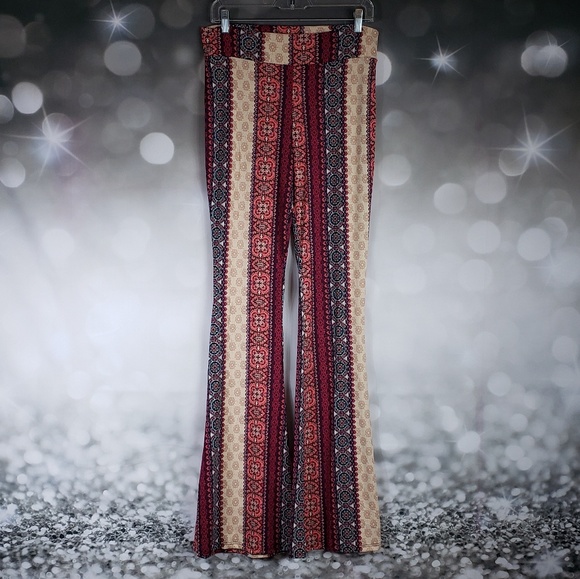 Boho Stripe Bell Bottoms Flare Pants Red Stretchy - Picture 3 of 5